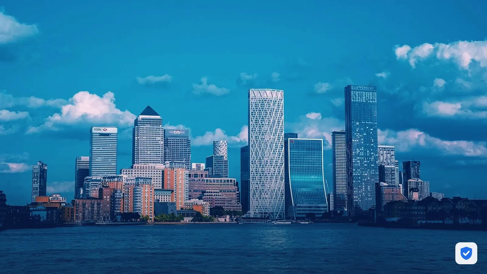 Canary Wharf skyline in London seen across the River Thames