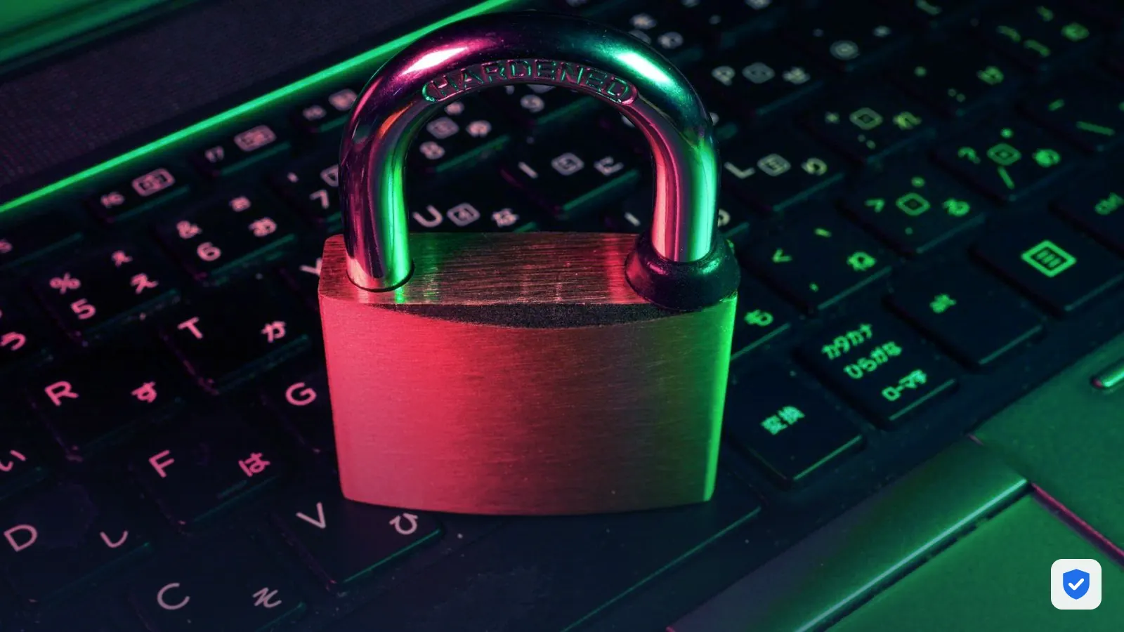Red padlock on a laptop keyboard, representing a hacked and locked-down website